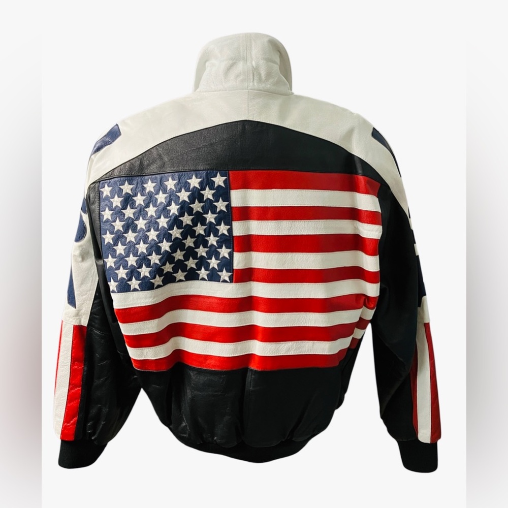 Vintage Michael Hoban WHEREMI Leather USA American Flag Bomber Jacket